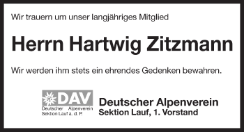 Traueranzeige von Hartwig Zitzmann von Pegnitz-Zeitung